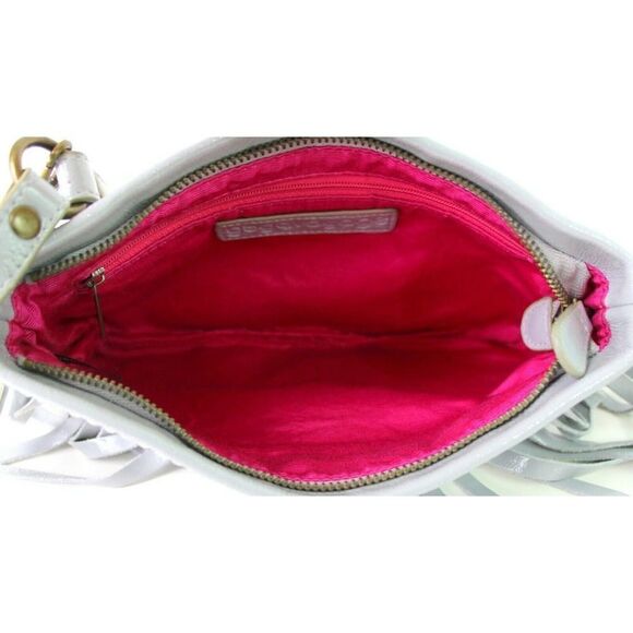 GOGO VOYAGE LIGHT GRAY PATENT GENUINE LEATHER FRINGE SLIM SHOULDER BAG HANDBAG - Picture 8 of 10